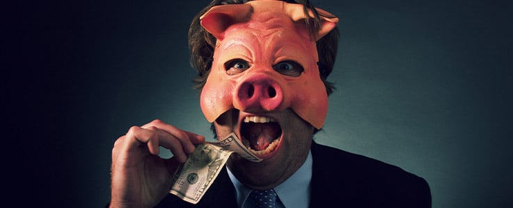 man in pig mask eating money