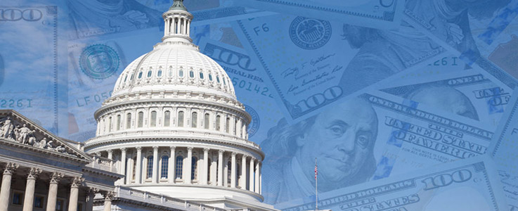 us capitol building with hundred dollar bills overlay