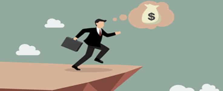 businessman chasing money over cliff illustration