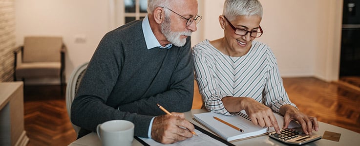retired couple happily calculating finances