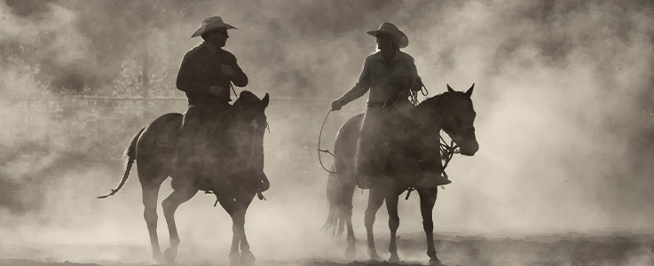 two cowboys on horses in fog