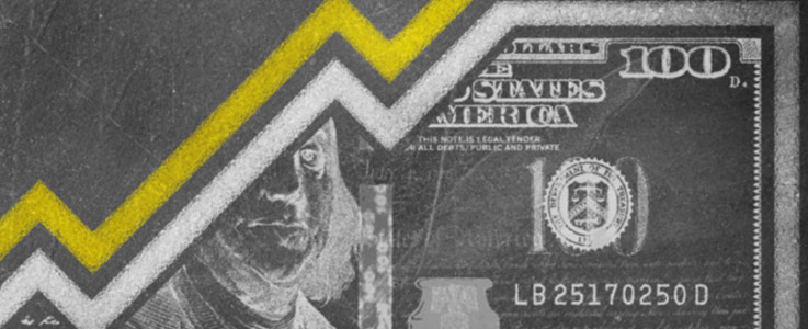 hundred dollar bill with rising stocks trend graphic