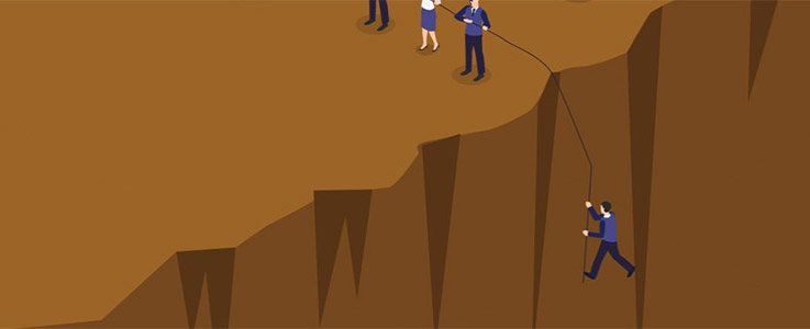 coworkers aiding worker down cliff illustration