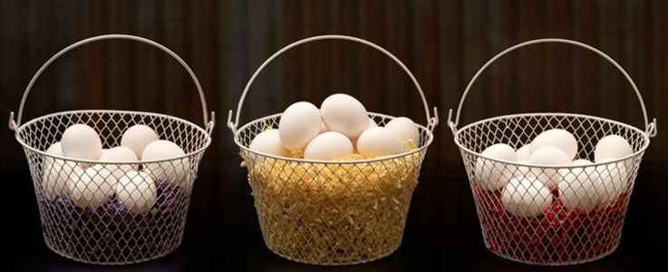 three baskets of eggs