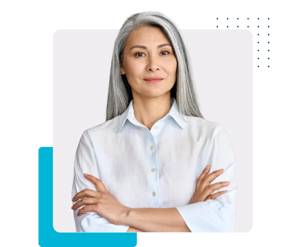 Woman with grey hair looking proud